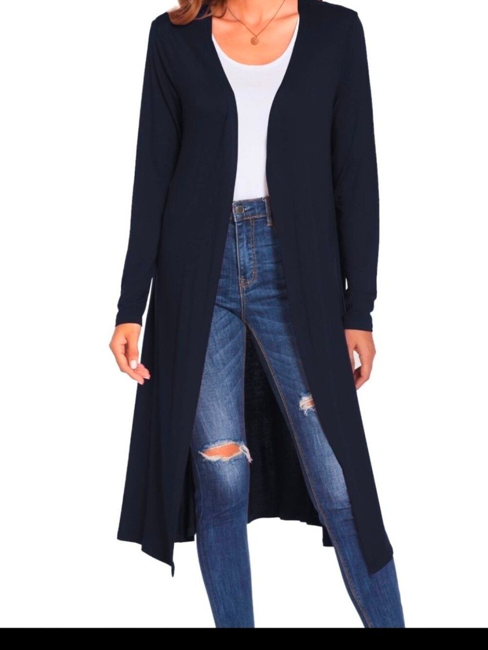 BLUETIME Womens Long Lightweight Long Sleeve Open Front Navy Cardigan Large